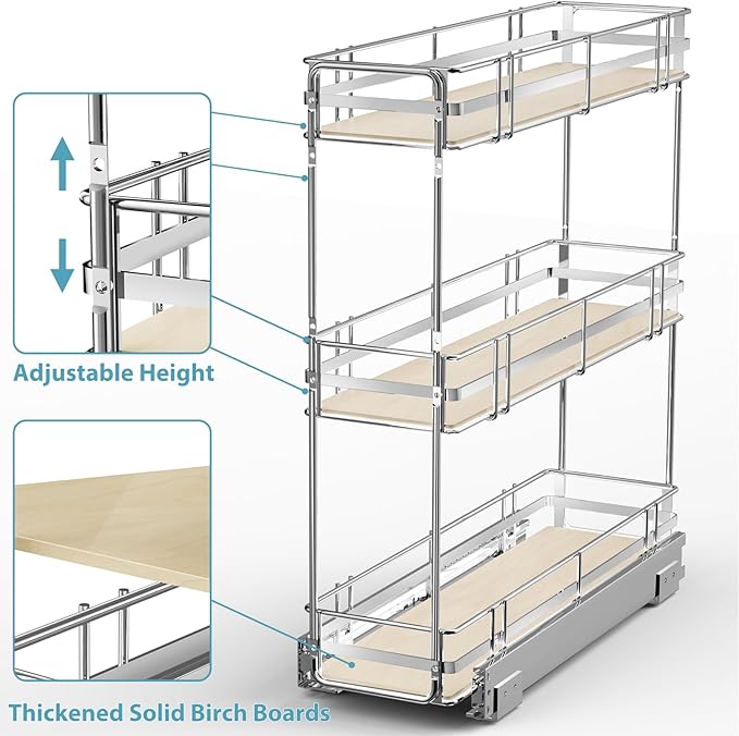 Pull Out Spice Rack Cabinet Organizer 5" W x 20½" D, 3 Tier Heavy Duty Slide Out Wood Shelf for Narrow Cabinet, Pull Out Storage for Kitchen