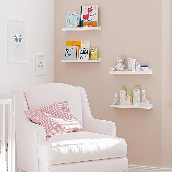 Wallniture Denver Floating Shelves for Kids Room Decor, White Wall Bookshelf for Picture Frames, Kids Room Shelves, Wall Shelf, Set of 4