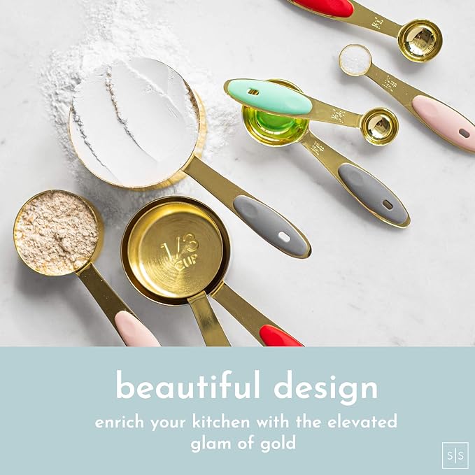 Gold Measuring Cups and Spoons Set - 8PC Stackable, Sturdy Measuring Set - Cute Gold Kitchen Utensils & Accessories for Baking & Cooking
