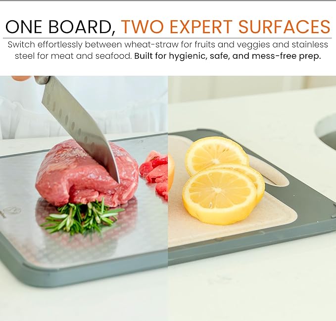 PurpleDove Double-Sided Cutting Board with 304 Stainless Steel & Wheat Straw | Scratch-Proof Chopping Board, Non-Porous | Odor-Resistant Butcher Board | Dishwasher-Safe Kitchen Board
