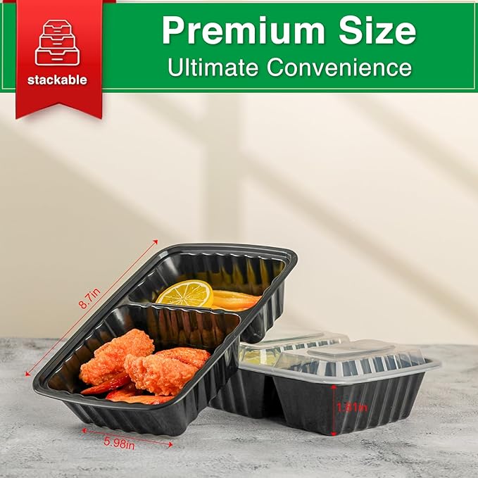 Meal Prep Containers 2 Compartment 15 Pack, 28 oz Divided Reusable Food Storage Containers with Lids Takeout Food Storage Containers Black, Microwave Dishwasher Freezer Safe, Stackable, BPA Free