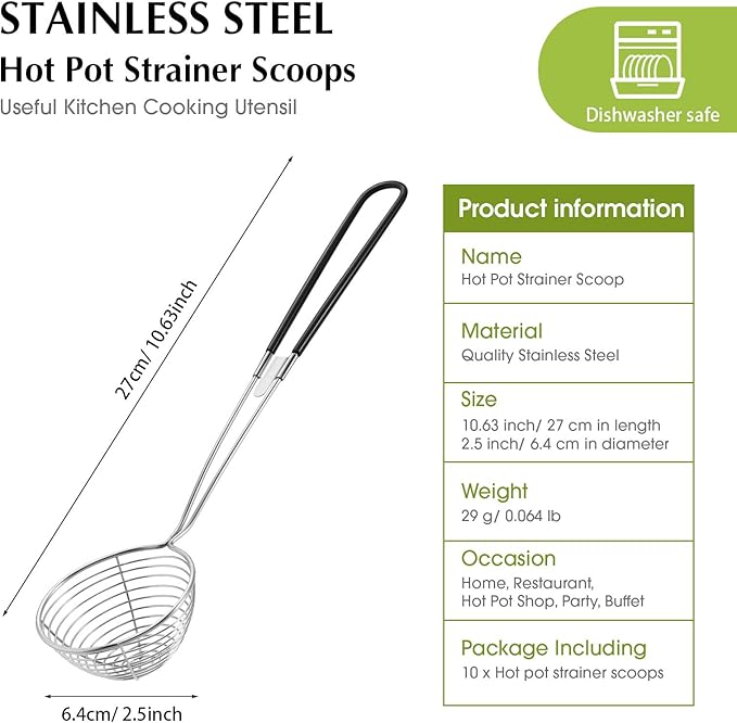 Geiserailie 10 Pieces 6 Pieces Hot Pot Kit Strainer Scoops Stainless Steel 2.5 Inch Mini Spider Strainer Skimmer Pasta Mesh Spoon Asian Skimmer Spoon Ladle with Handle for Home (Black)