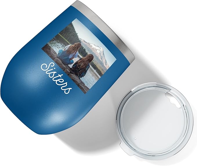 Personalized 12oz (17 Colors) Mother's Day Photo Printed Insulated Stainless Steel Powder Coated Stemless Wine Tumbler with Lid, Customized Gift Idea for Her, Coach Gifts Team Mom Dad (Royal Blue)
