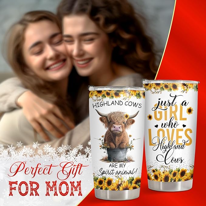 34HD Highland Cow Tumbler with Lid, 20oz Vacuum Insulated Heifer Coffee Mug, Highland Cow Gifts for Girls, Women on Birhday, Mothers Day, Christmas, Graduation