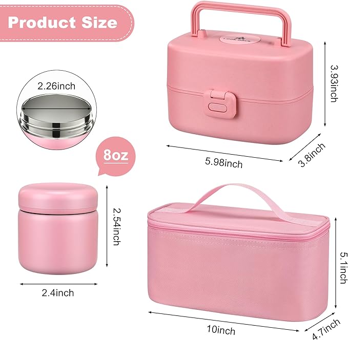 Bento Lunch Box with 8oz Soup Thermo, Kids Sustainable Bento Box Leakproof Lunch Food Containers with Lunch Bag, Kids Thermo Insulated Hot Food Jar for School, Trvael (Pink)