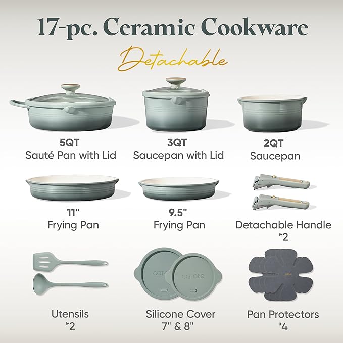 CAROTE 17Pcs Titanium Cookware Set, Pots and Pans Set Non Stick, Kitchen Cooking Set with Detachable Handle, Non Toxic Induction Cookware, Dishwasher/Oven Safe
