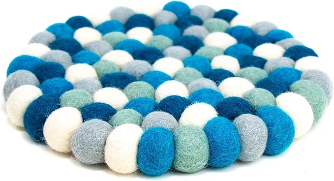 Global Crafts Hand Crafted Felt Ball Wool Trivet Mat from Nepal, 8" Round Pad, Blue Ice