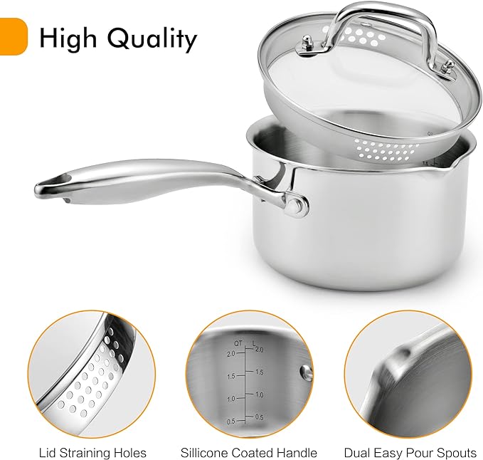 Cyrosa 2.5 Quart Saucepan with Strainer Lid, Stainless Steel Sauce Pot, Sauce Pan for Stove Top, Two Side Spouts for Easy Pour, Dishwasher Safe
