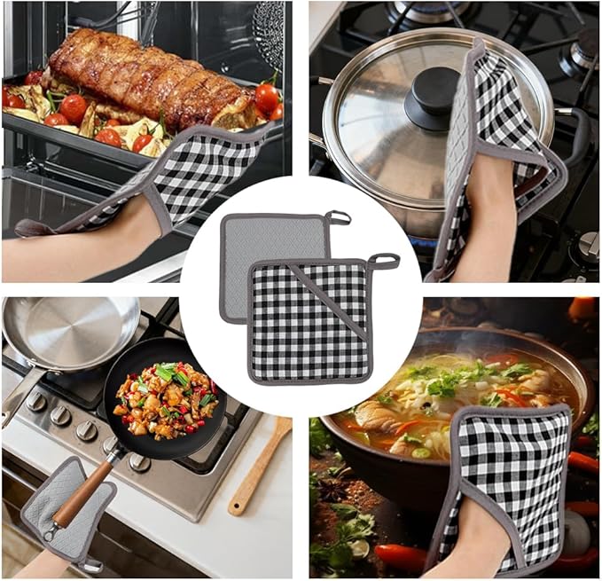 Pot Holders for Kitchen 2 Pack Heat Resistant Hot Pads for Kitchen Counter Decor, Silicone Non-Slip Hot Pads with Soft Cotton Lining Pot Holder Trivets for Kitchens Oven Cooking Baking Pans,Gray Plaid
