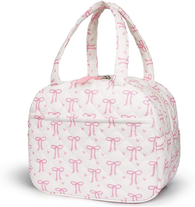 Quilted Lunch Box for Women,Lunch Box for Teen Girls,Cute Pink Bow Lunch Bags for Work, School,Office,Picnic,Travel (pink bow heart)