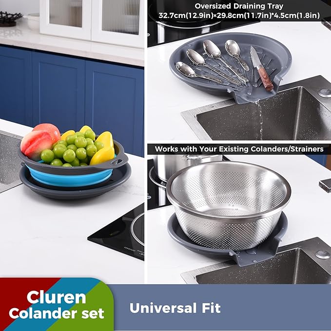 Collapsible Colander Set with Universal Draining Tray | 3-Pack Foldable Kitchen Strainers + Base | Space Saving for Pasta, Veggies, Fruit & Rice | 5 Colors (Gray-Blue-Red-Green)