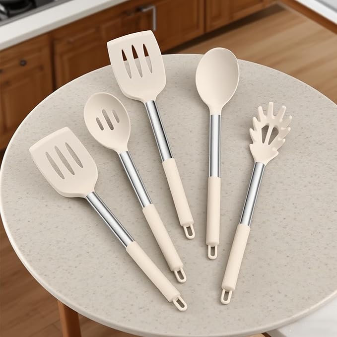 Silicone Cooking Utensils Set Utensil: 40 Pcs Black Stainless Steel Cookware Set, Nonstick Silicone Cooking Utensils Set, (Khaki)