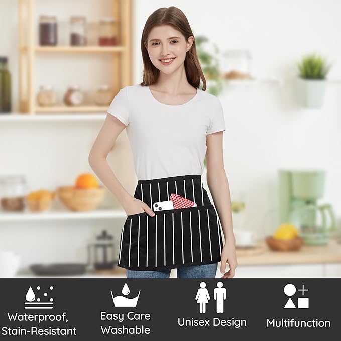 3 Pack Waist Apron with 3 Pockets, Unisex Black Waiter Aprons, Water Resistant Server Aprons for Restaurant Chef Bar
