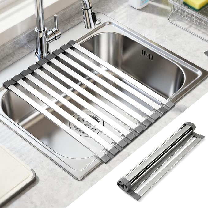 19" X 13" Roll Up Dish Drying Rack，Over The Sink Drying Rack 304 Stainless Steel Foldable Heat-Resistant Dishes Drainer for Kitchen and RV Sink Counter