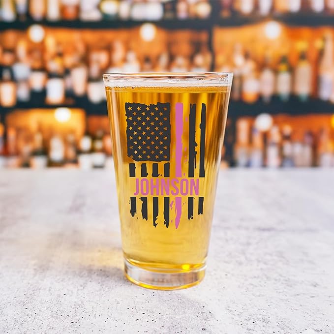 Blue Ridge Mountain Gifts - Thin Pink Line Pint Glass - Personalized Drinking Glass, Police Wife Gift, Law Enforcement Family, Female First Responders, Female Police Officer Gift