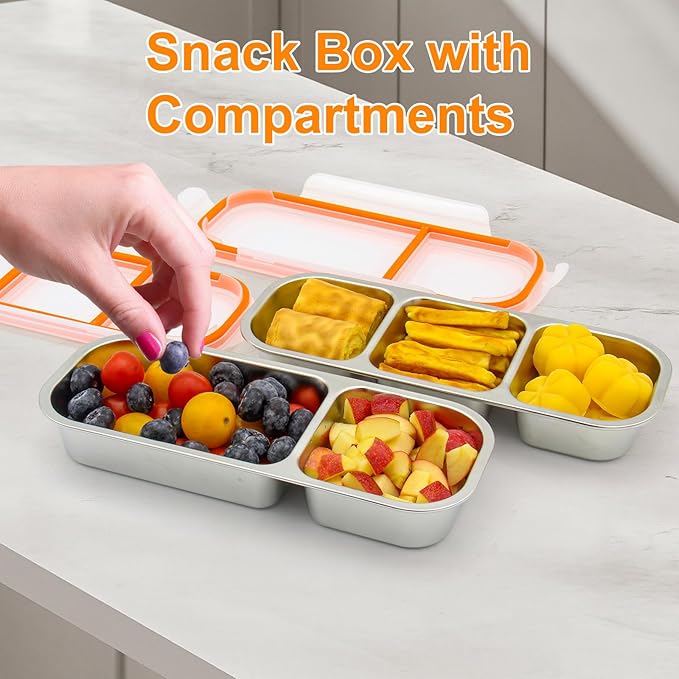 Stainless Steel Snack Containers with Lids, Reusable 3 Compartment Condiment Boxes, Stainless Steel Children's Fruit Box for School,Travel, Office and Outdoors