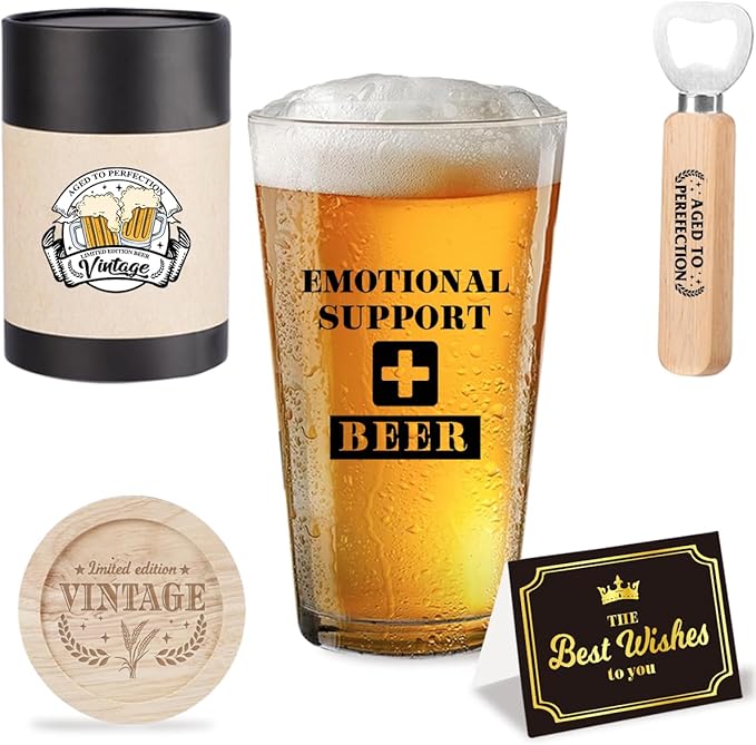 Funny Birthday Gifts for Men Dad Father's Day Beer Lovers Emotional Support Long Distance Relationship Mental Health Present for Men Boyfriend Vintage Beer Drinking Glass