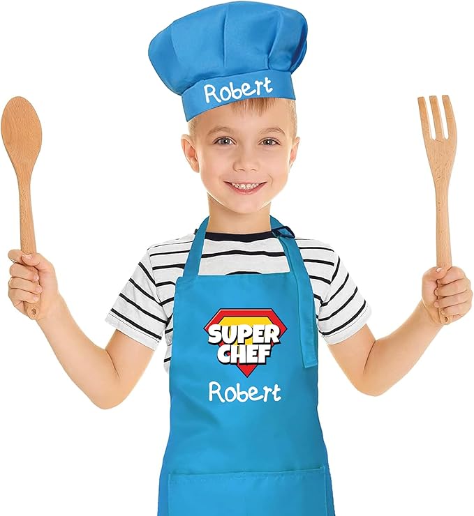 Personalized Apron for Kids, Custom Kids Cooking Apron and Chef Hat Set, Christmas Gift for Boys,Girls, Toddler, Boys Cooking Apron, Little Boys Aprons, Super Chef Apron and Hat for Kid