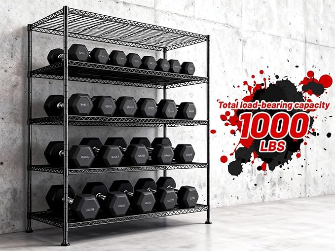 REIBII 45.8“W Storage Shelves Metal Shelving, 5-Tier Wire Shelving, Sturdy Garage Shelving, Adjustable Storage Rack for Pantry Kitchen Dining Room Supermarket Commercial