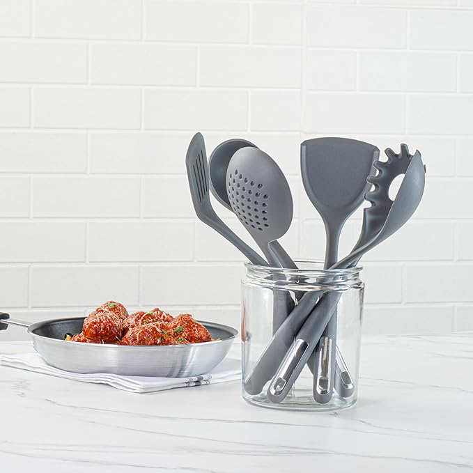 Restaurantware Silicone Utensil Set Pack of 1 Non-Slip Handle 6-Piece Kitchen Tool Set, Heat-Resistant Dishwasher-Friendly Cooking Accessories, Durable Gray Cooking Utensils