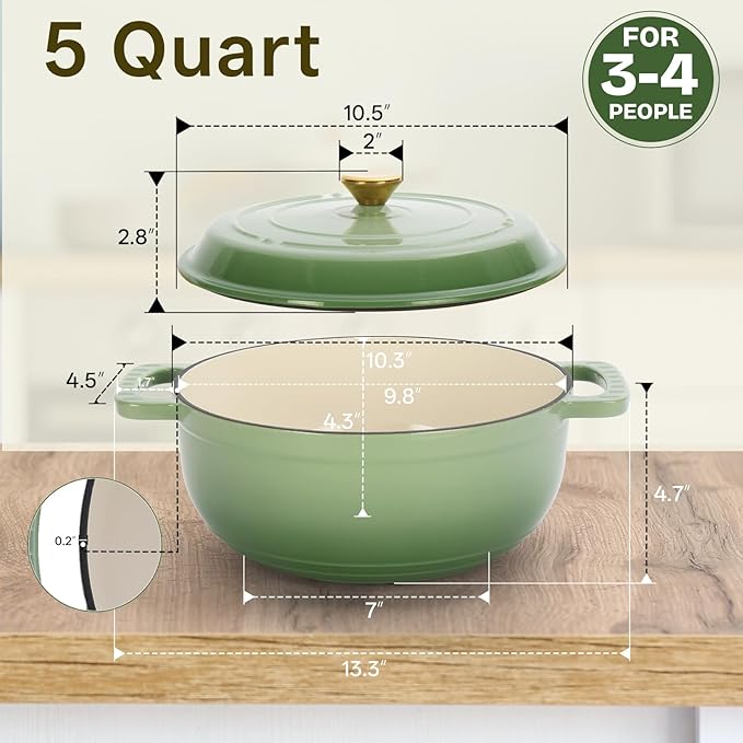 ROVSUN 5 Quart Enameled Cast Iron Dutch Oven with Lid, Dual Handles, Oven Safe up to 500°F or on Stovetop, Compatible for Braising, Stews, Roasting, Bread Baking- Sage Green