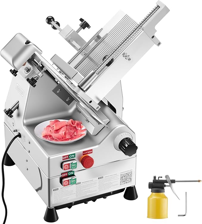VEVOR Automatic Meat Slicer, 500W Electric Deli Slicer Machine with 10 inch Sharp 75Cr1 Steel Blade, 0-0.67 inch Adjustable Thickness, 633 RPM Fast Slicing, for Frozen Meat, Hard Cheese, and Bread