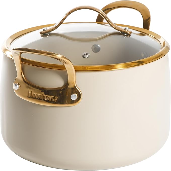 bloomhouse - Two Time Oprah's Favorite Things Winner - 8 Quart Heavy Duty Aluminum Premium PFA Free Ceramic Nonstick Dutch Oven Pot with Lid - Almond Cream w/Gold Handle