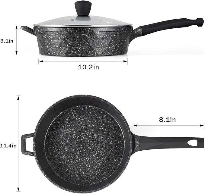 Nonstick Deep Frying Pan Skillet with Lid, 12 Inch Large Skillet, 5 Quarts Saute Pan, Granite Stone Non Stick Cooking Pan, Induction Compatible, PFOA Free