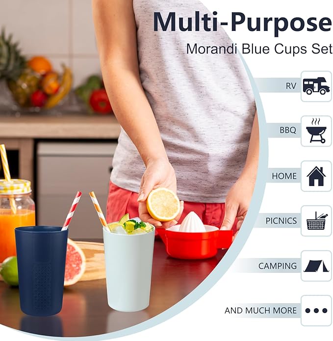 BEWOS 8 PCS 13.5 OZ Plastic Cups Set - BPA-Free Plastic Tumblers Cups Reusable, Unbreakable Drinking Cup, Lightweight Stackable Cups, Cup for Kitchen, Dishwasher/Microwave Safe