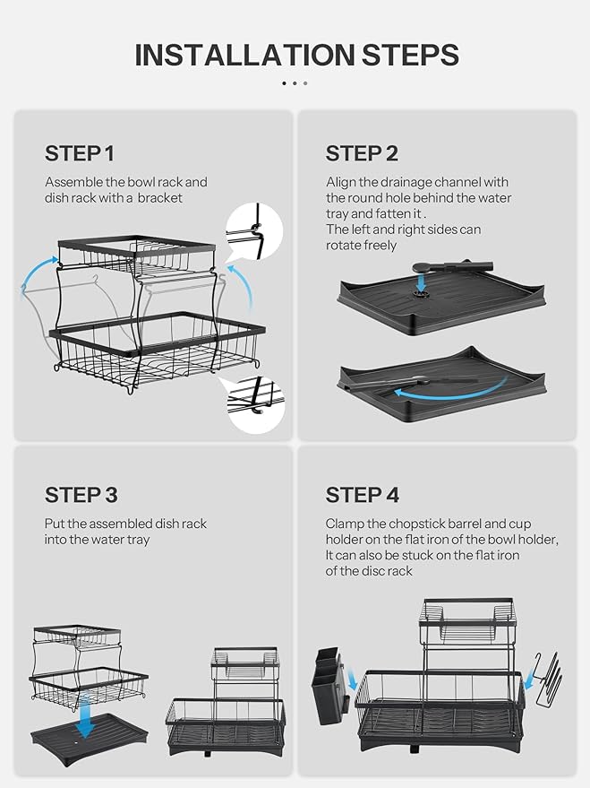 Reemix Dish Drying Rack, 2 Tier Dish Drainer with Removable Utensil Holder and Swivel, Durable High Carbon Steel Material, Larger Capacity, Easy Installation, Black