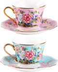 KAMMAK Ceramic Coffee Cups and Saucers Set of 2, Porcelain Espresso Cups with Saucers, 7oz Handcrafted Ceramic Floral Coffee and Tea Cup, Vintage Drinkware for Tea Party, Office, Women Gifts
