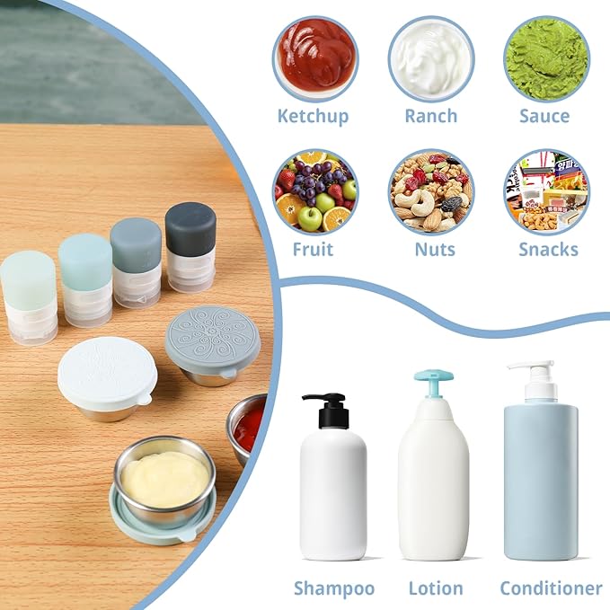 8-Pack Salad Dressing Container To Go, 1-oz Silicone Small Condiment Squeeze Bottles and 1.6 oz Stainless Steel Sauce Containers Cups, Leakproof Condiment Containers with Lids for Lunch Box