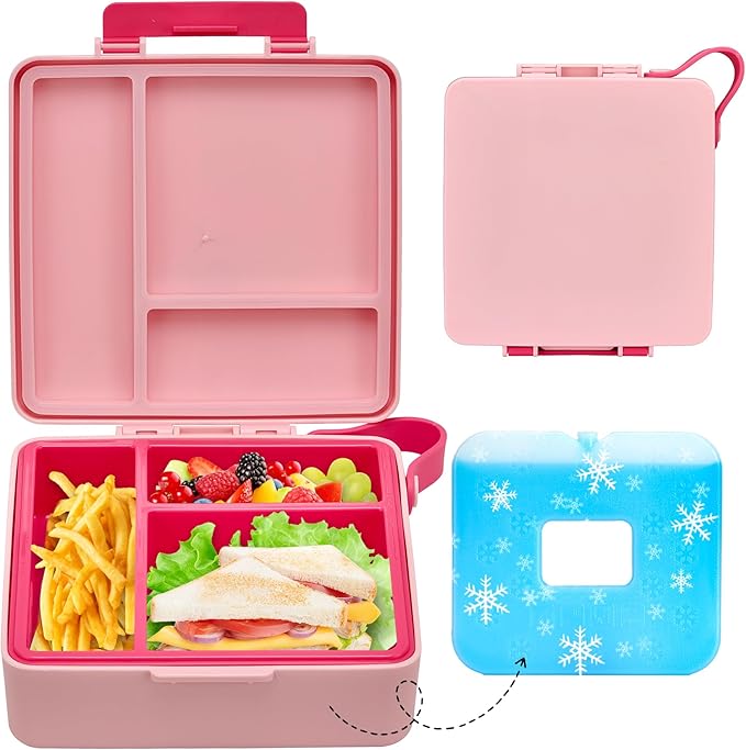 Chill Bento Lunch Box for Kids Adult with Ice Pack,Leak Proof 3 Compartments Lunch Container for Kids,Ice Pack Detachable Bento Box,BPA Free,Dishwasher & Microwave Safe-Pink