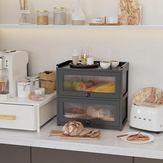 BAMBANG Extra Large Bamboo Bread Box for Kitchen Counter, Double Layer Bread Storage Container Farmhouse Bread Box with 4 Sides Transparency, Breadbox Bin Holder for Homemade Bread, Black