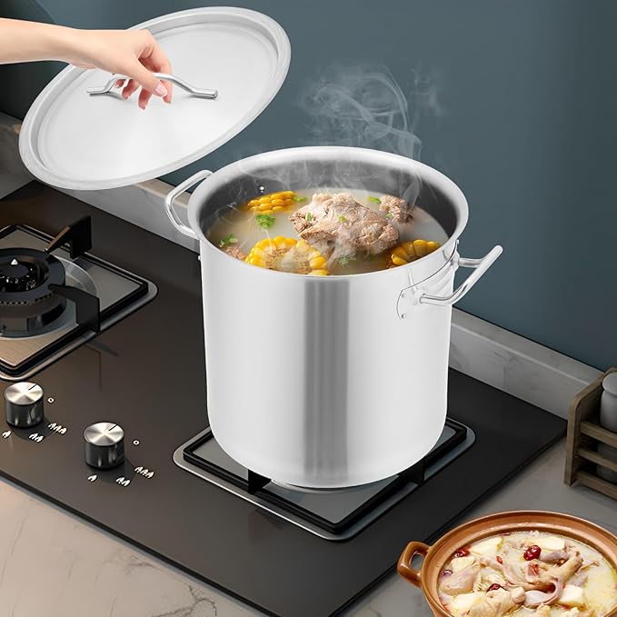 Large Stock Pot with Lid, Stainless Steel Cookware Stockpot, 22.2 Quart Heavy Duty Soup Pot with 2 Handles, All Stoves Compatible, Fast and Uniform Heating