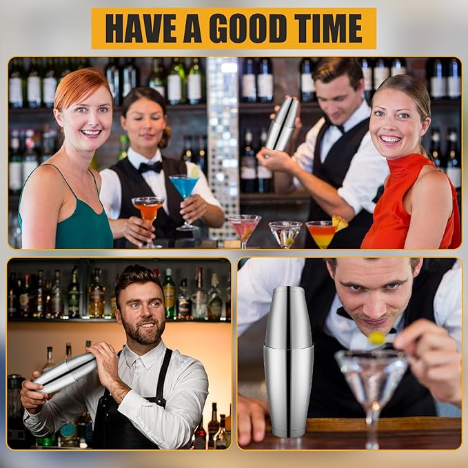 Zhehao 24 Pcs Silver Cocktail Shaker Professional Bar Boston Shaker Set Stainless Steel Martini Shake Drink Mixer Basic Tool Weighted Shake Metal Can Bartending Tins for Beginner, 18oz, 28oz