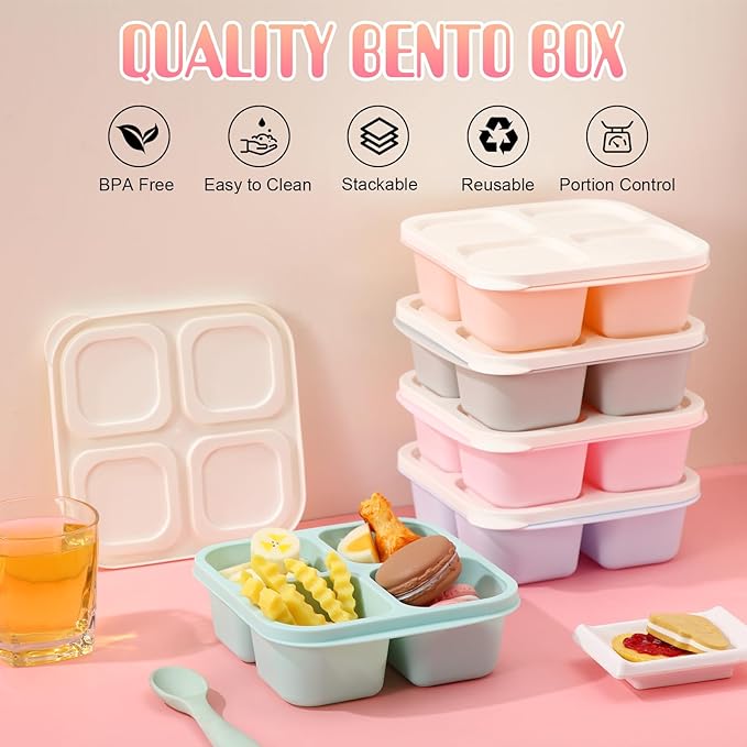 Honeydak 5 Pack Snack Containers 4 Compartment Bento Snack Boxes Reusable Lunchable Containers with Lids Divided Meal Prep Lunch Food Storage Box for School Work Travel(Macaroon,Equal)