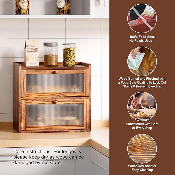 Bread Box for Kitchen Countertop Wooden Bread Storage Container Bin 2 Layer Corner Breadbox Large Capacity, Vintage Farmhouse Food Organizer Pantry Shelf with Window Brown Pine Wood