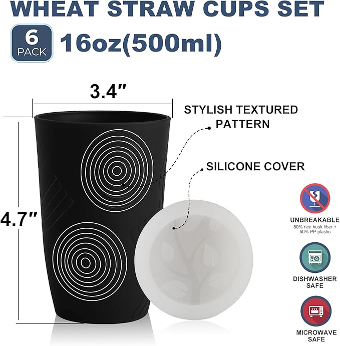 Wrova Wheat Straw Cups 16oz Set of 8 with Silicone Covers - Alternative Plastic Cups Reusable- Microwave & Dishwasher Safe - Unbreakable Plastic Drinking Cups for Camping - Black
