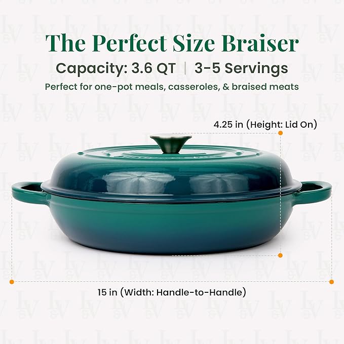 Larder & Vine Enameled Cast Iron Braiser | 3.6 qt Braiser Pan with Lid | Shallow Dutch Oven Compatible on All Cooktops | Casserole Dish Oven Safe to 500° F | Dual Handles | Bondi