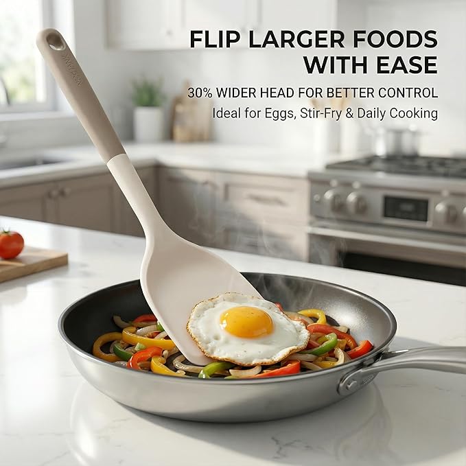 6-Piece Silicone Kitchen Utensil Set, NON-PLASTIC 500°F Heat-Resistant BPA-Free Dishwasher Safe Cooking Tools with Upgraded Spatula, Turner Ladle Skimmer Pasta Fork Scraper, Cream White &Mocha