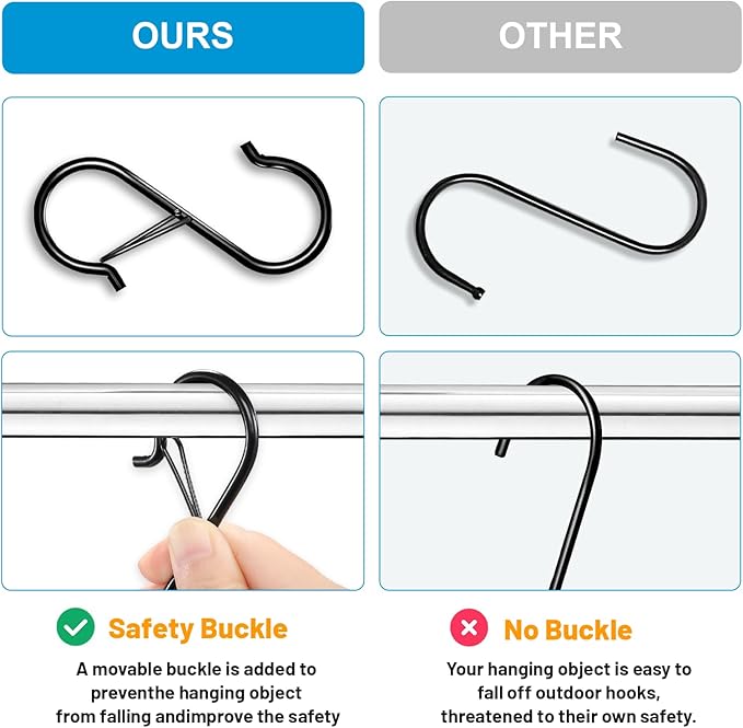 17 Pcs S Hooks for Hanging Safety Buckle, 3.5 Inch Stainless Steel S Shaped Locking Hooks for Colleague Dorm, Kitchen, Plants Pots Towels Bags, Black