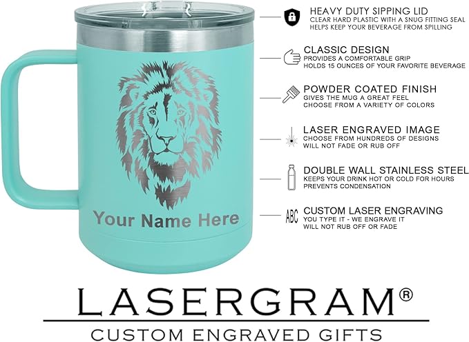 LaserGram 15oz Vacuum Insulated Coffee Mug, Sushi, Personalized Engraving Included (Teal)