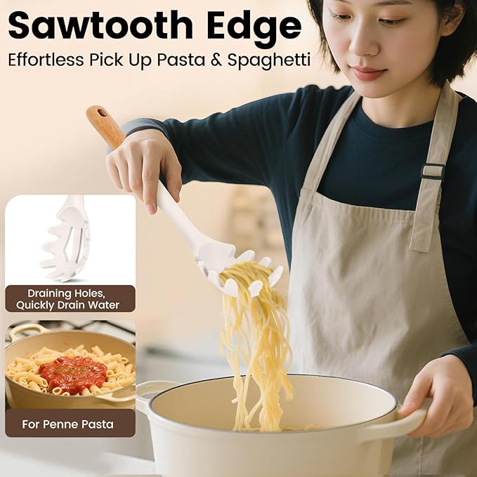 Silicone Soup Ladle Spoon, Kitchen Soup Cooking Spoons Set, Large Spaghetti spoon, Nonstick Pasta Spoon, Heat Resistant Pasta Fork for Serving Soup, Noodle, Sauce