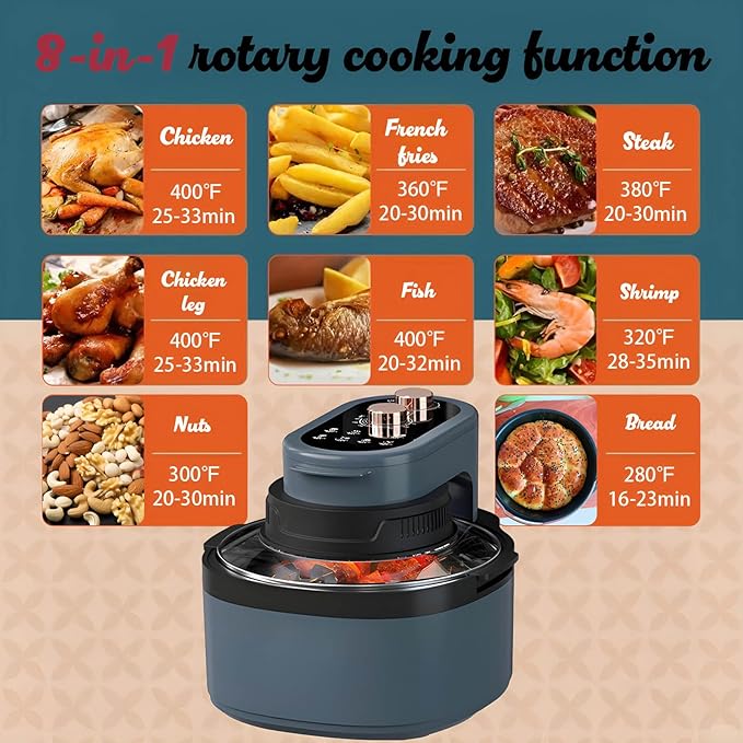 Rotatable 8-in-1 Air Fryer Toaster Oven Combo 7.5QT Large Glass Air Fryer, Rapid HotAir Tech, Family-Size Smart Cooker, Trending Modern Kitchen Essential for Healthy Meals (Dreamy blue)