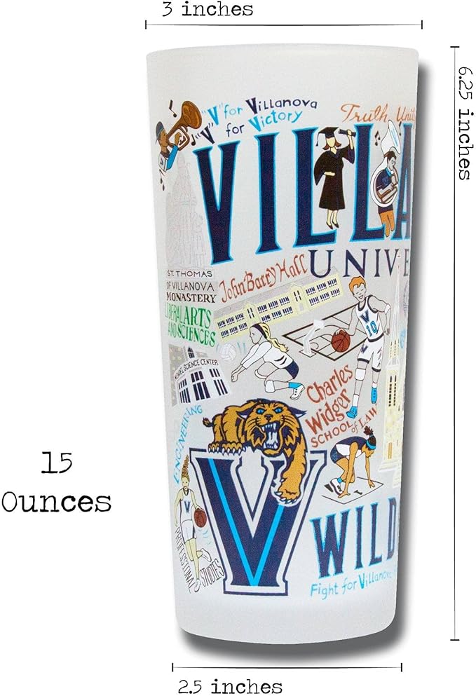 Catstudio Drinking Glass, Villanova University Glass Cup for Kitchen, 15oz Dishwasher Safe Tumbler for VU Alumni