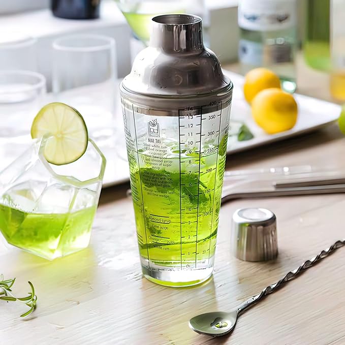 Cocktail Shaker Glass,Martini Shaker With Recipes on Side 13.5oz Mixed Drink Shaker with Glass Cup Professional Bar Tool with Scale Glass (Recipes)