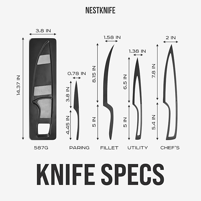 Kitchen Knife Set Stainless Steel, Chef Knife Set of 4 Pieces, Space Saving Ergonomic Design of Chef's Knives, Modern Stainless Steel Knives, Aesthetic Kitchen Essential, NestKnife Patented Technology