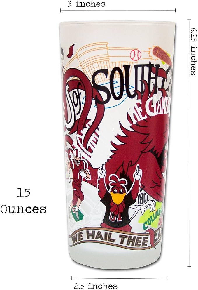 Catstudio Drinking Glass, University of South Carolina Glass Cup for Kitchen, 15oz Dishwasher Safe Tumbler for USC Alumni