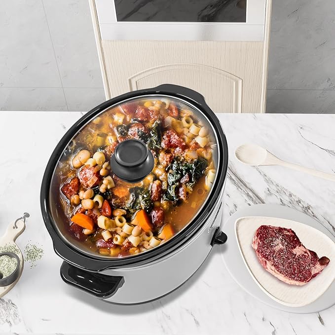 HOMECOOKIN 6 Quart Slow Cooker Oval Manual Pot Food Warmer with 3 Cooking Settings, White Stainless Steel